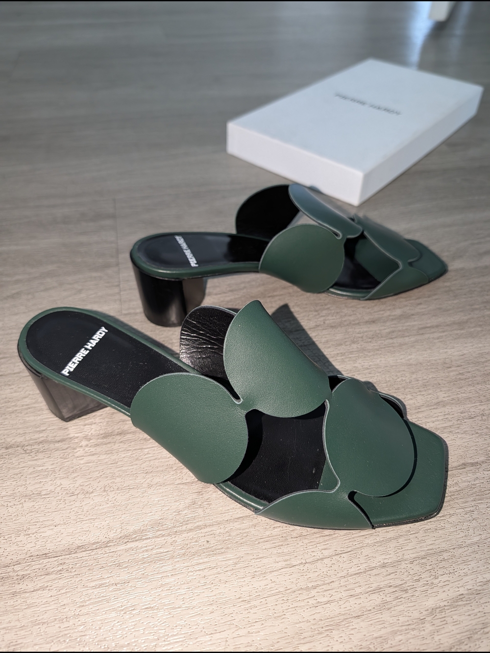 Pierre Hardy Forest Green Leather Slide Sandals with Sculpted Straps